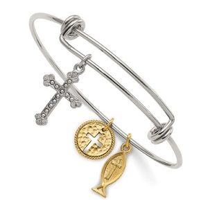 Silver-Tone Cross And Ichthus Bangle Bracelet